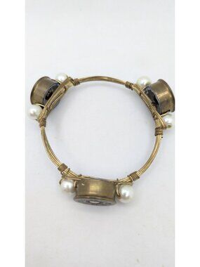Bracelet bangle 12 Gauge Shotgun Shell Brass tone Wiring With faux pearl beads